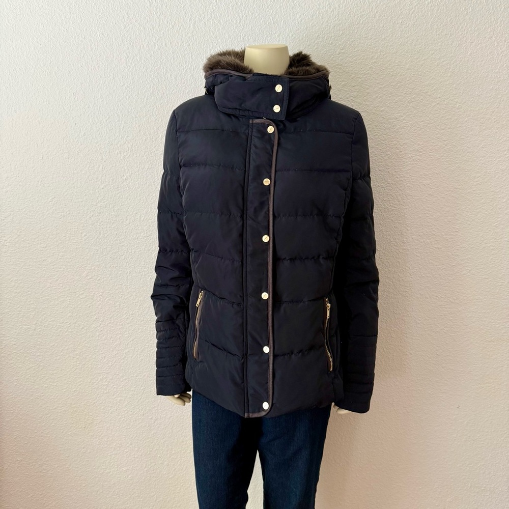 H&M Black Hooded Down Puffer Jacket With faux leather Trim Womens Size 14